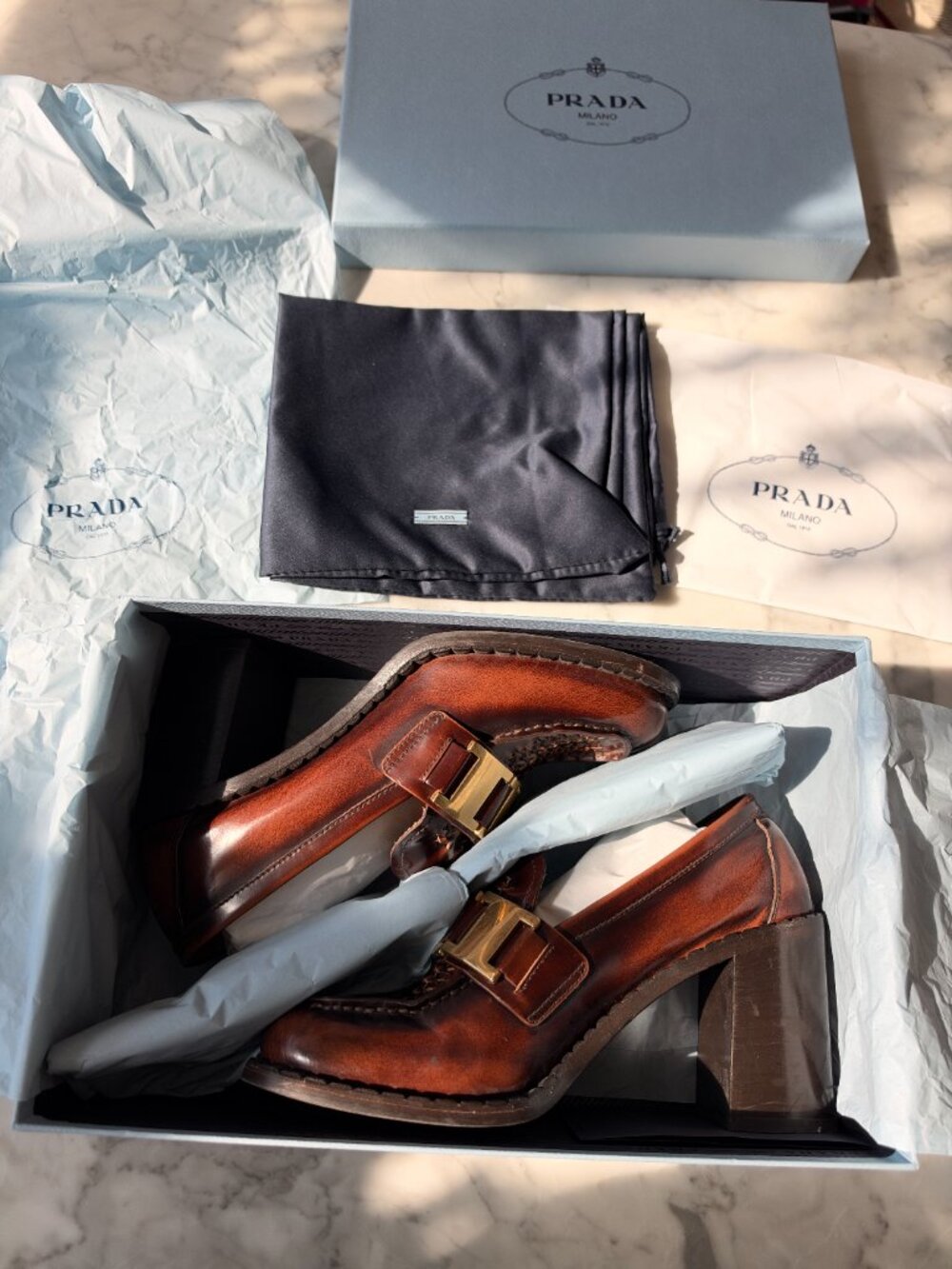 PRADA Leather Woven Heeled Loafers Gold Buckle w/ Box - Picture 3 of 8